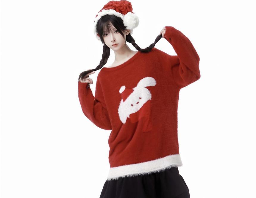 Round Neck Christmas Rabbit Patterned Sweater Product Image