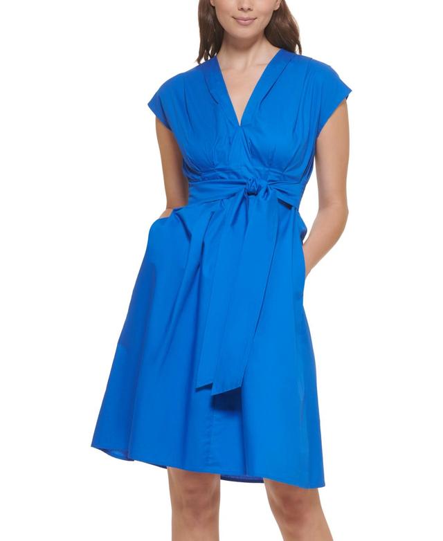 kensie Womens Cotton V-Neck A-Line Tie-Waist Dress Product Image