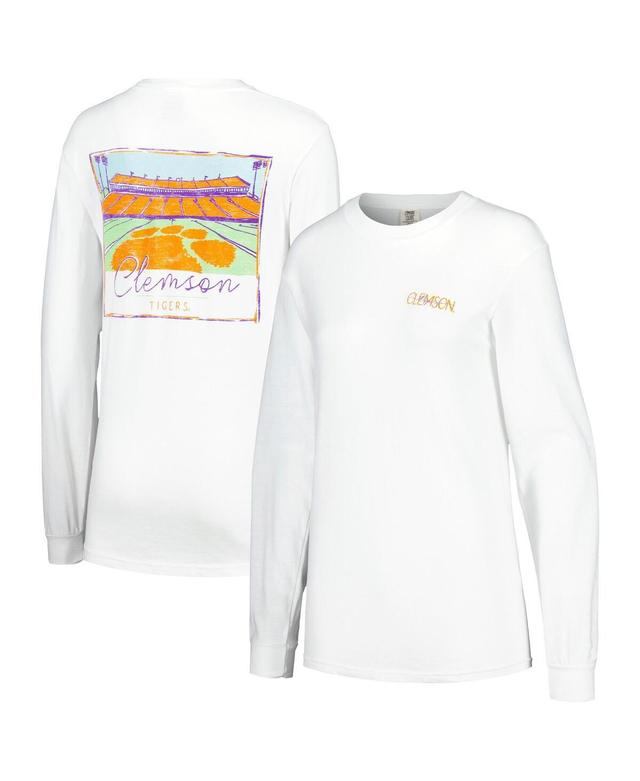 Womens White Distressed Clemson Tigers Hand-Drawn Stadium Comfort Colors Oversized Long Sleeve T-shirt Product Image