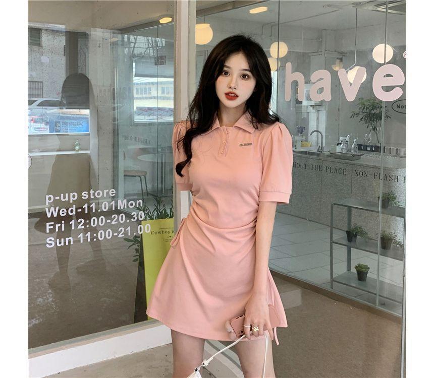 Short-Sleeve Collar Drawstring Mini A-Line Dress Product Image