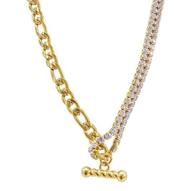 Adornia 14k Gold Plated Half & Half Figaro Chain & Crystal Toggle Necklace, Womens Gold Tone Product Image