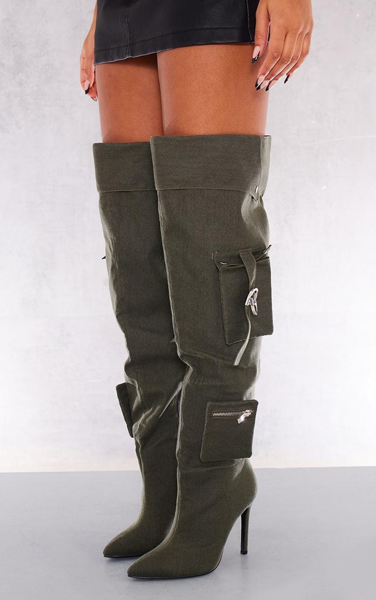 Khaki Wide Fit Denim Utility Over The Knee Heeled Boots Product Image