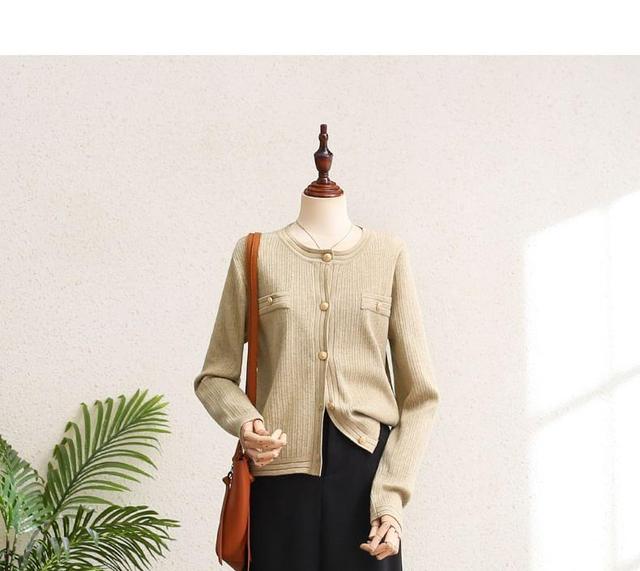 Round Neck Plain Ribbed Cardigan Product Image