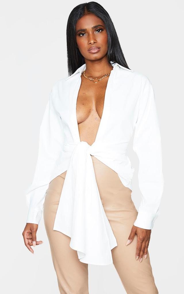 White Woven Ruched Tie Front Plunge Shirt Product Image