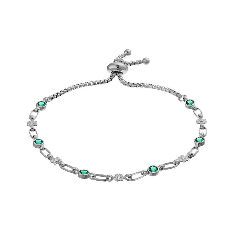 Kristen Kesho Sterling Silver Lab-Created Emerald & Flower Link Adjustable Bolo Bracelet, Womens Grey Product Image