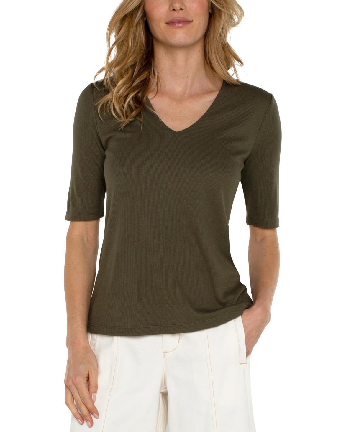 Liverpool Los Angeles Womens V-Neck Elbow-Sleeve Knit Top Product Image