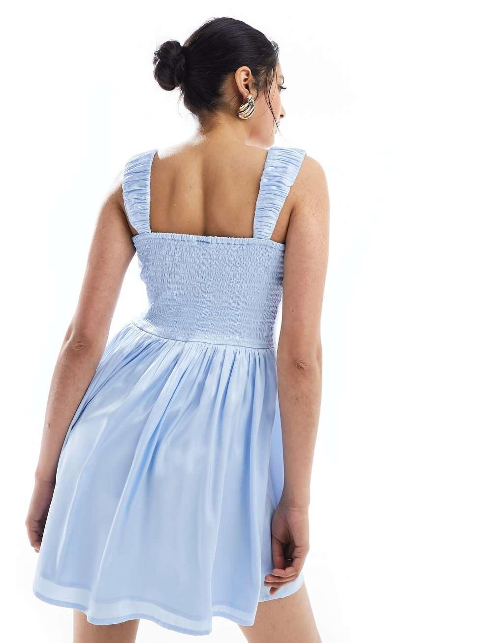 ASOS DESIGN button through corset satin mini with gathered bust in light blue Product Image