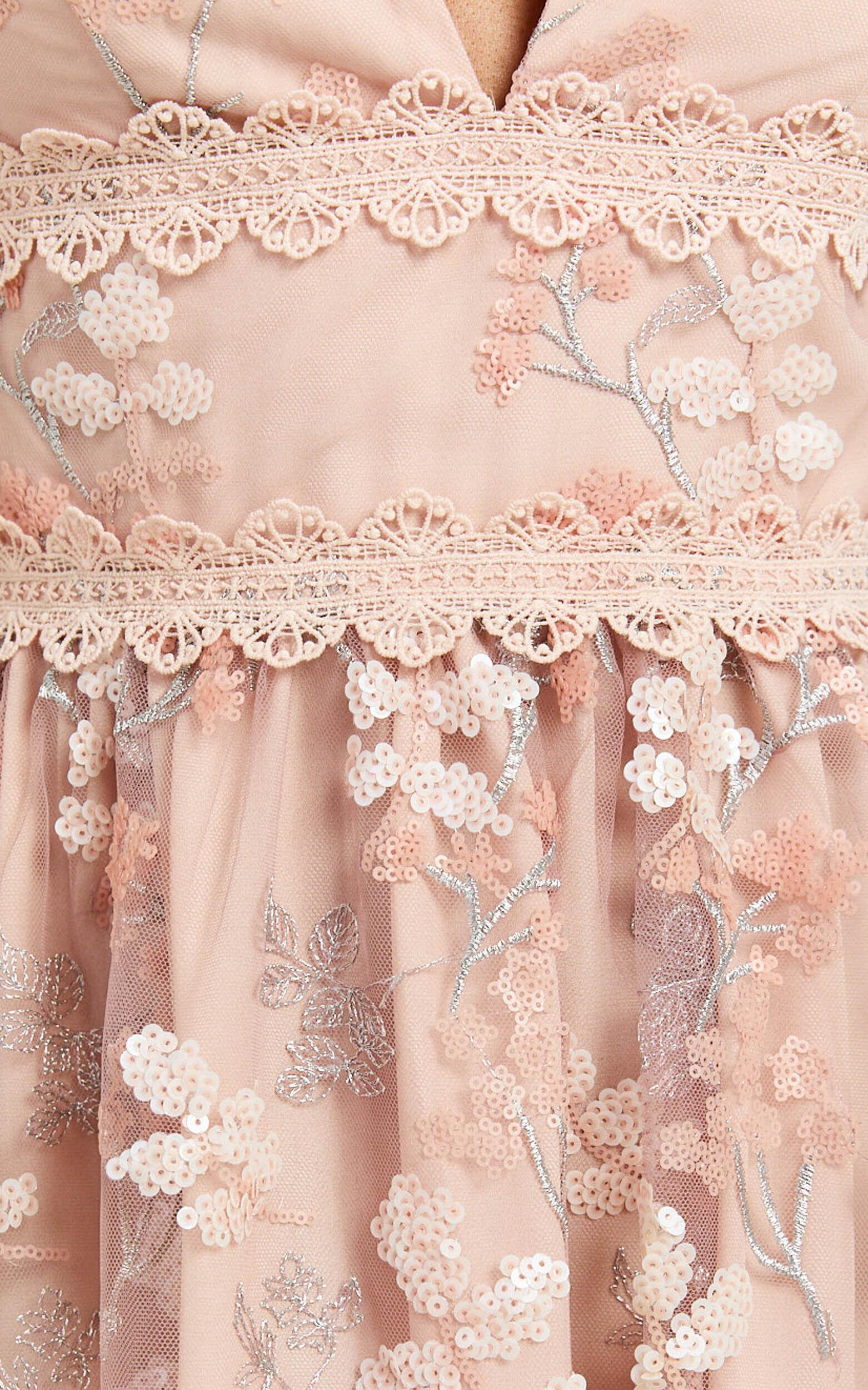 Seychelles Midi Dress - Plunge Embroidery 3d Floral Lace Dress in Light Pink Product Image