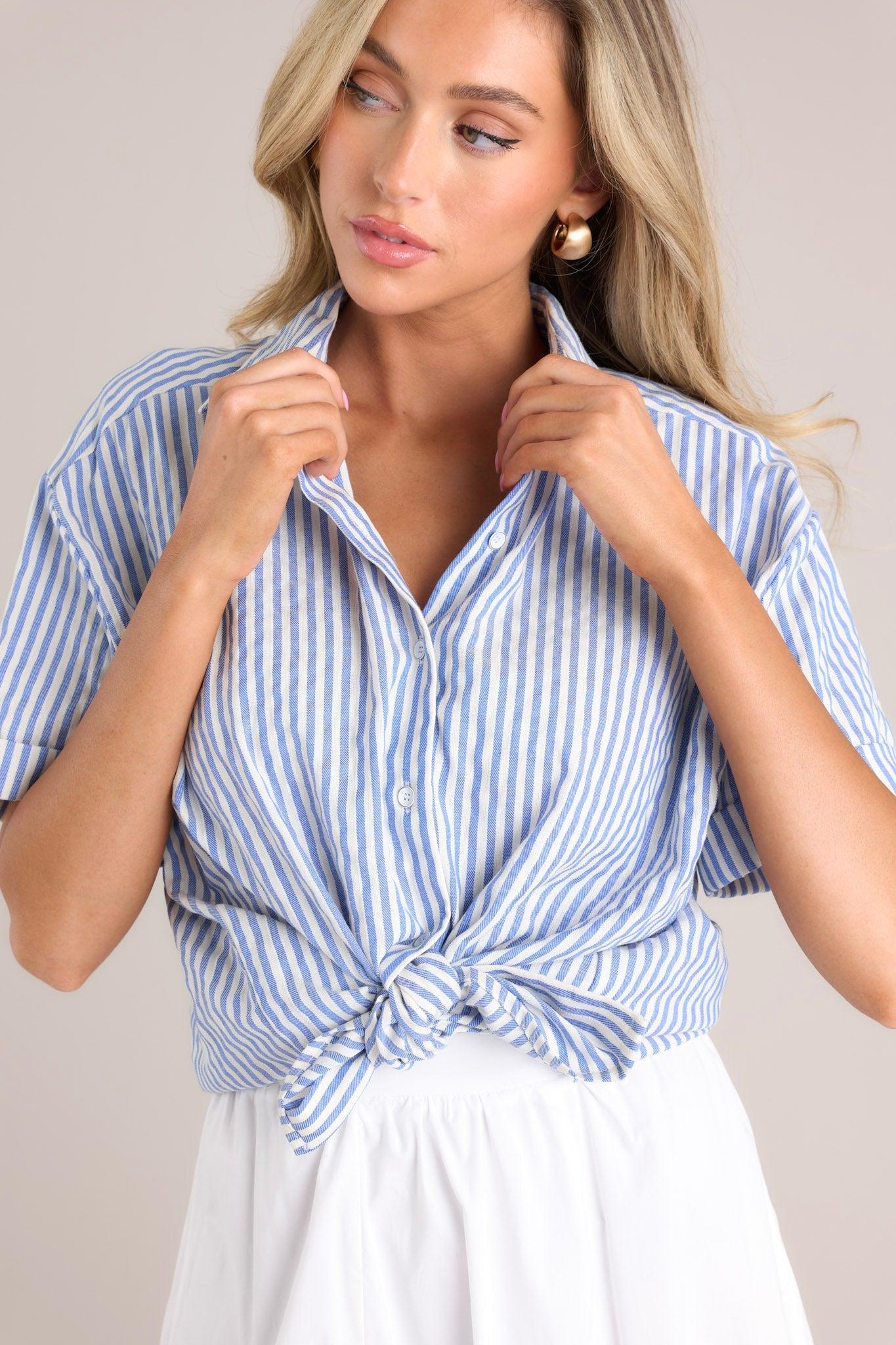 Journey Of Love Blue Striped Button Front Top product image