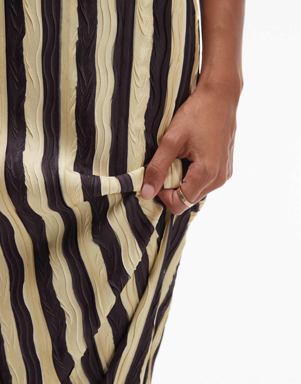 Topshop stripe plisse midaxi skirt in chocolate Product Image