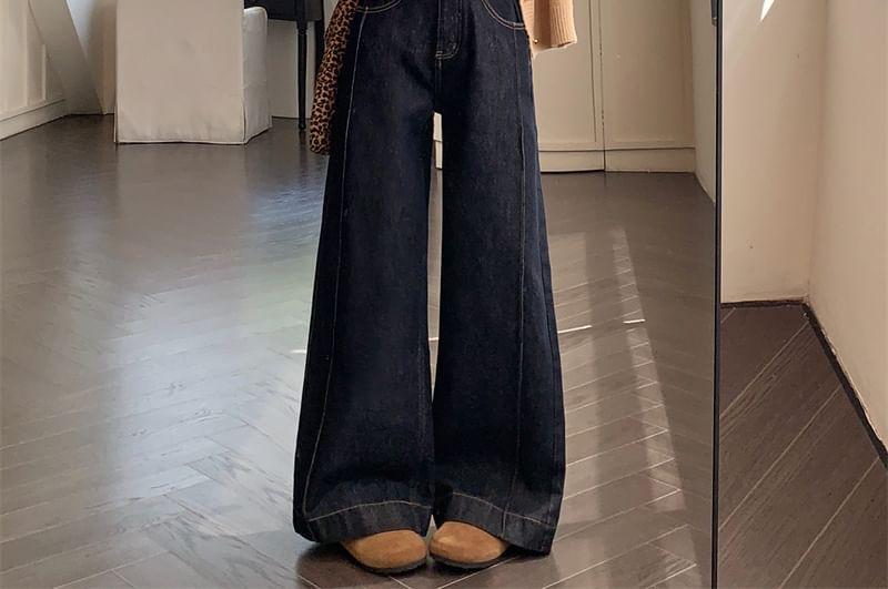 High Waist Unwashed Fleece-Lined Wide Leg Jeans Product Image