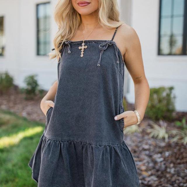 A World Like That Washed Black Tie Strap Denim Dress Product Image