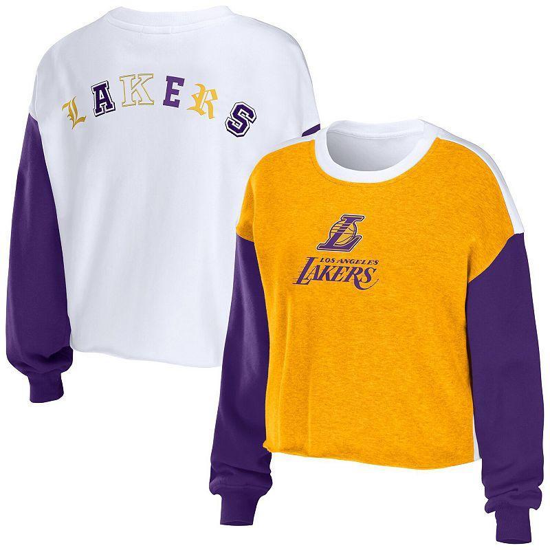 Womens WEAR by Erin Andrews Heather Los Angeles Lakers Mixed Letter Cropped Pullover Sweatshirt Product Image