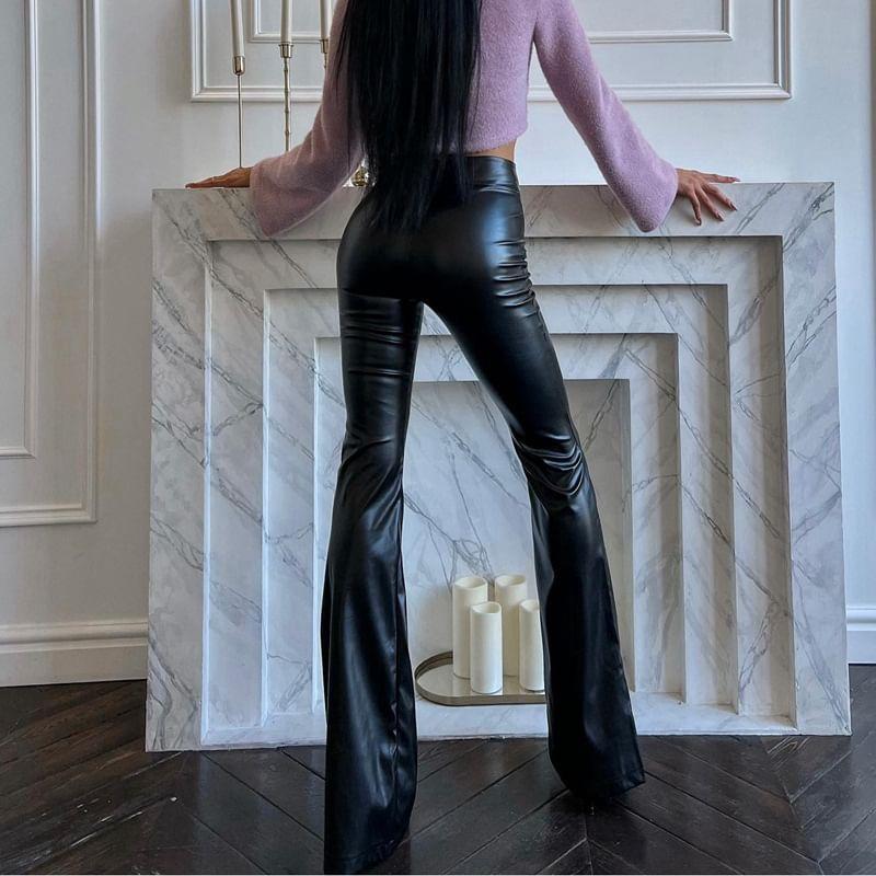 High Rise Plain Faux Leather Bootcut Pants Product Image