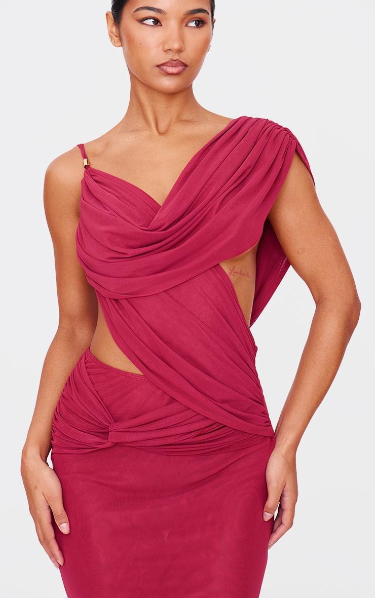 Burgundy Mesh Draped Cut Out Maxi Dress Product Image