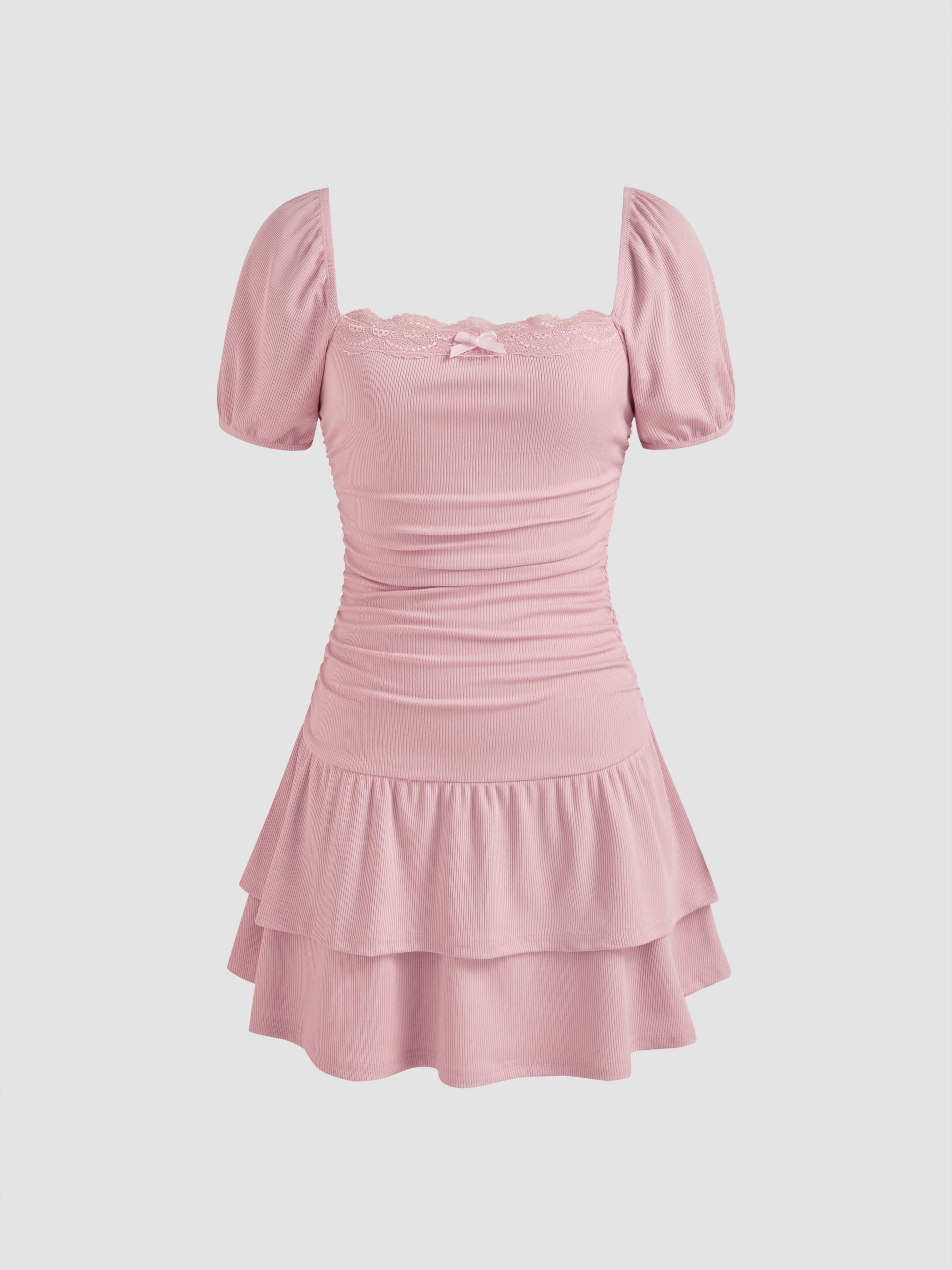 Square Neck Solid Lace Trim Layered Ruched Bowknot Mini Dress Product Image