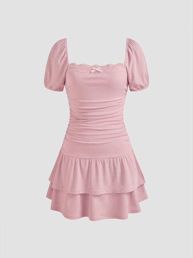 Square Neck Solid Lace Trim Layered Ruched Bowknot Mini Dress Product Image