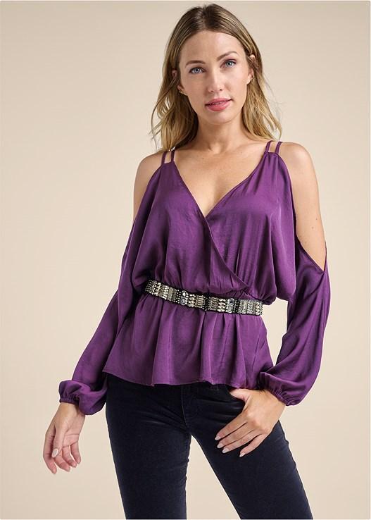 Venus Womens Blouses - Purple Cutout-Shoulder Long-Sleeve Surplice Peplum Top - Women Product Image