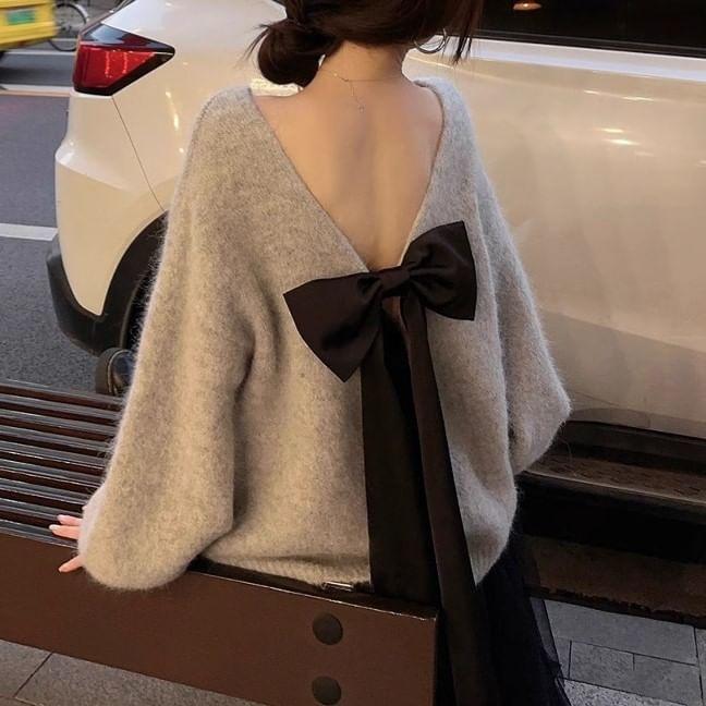 Long Sleeve Round Neck Bow Detail Backless Oversized Sweater Product Image