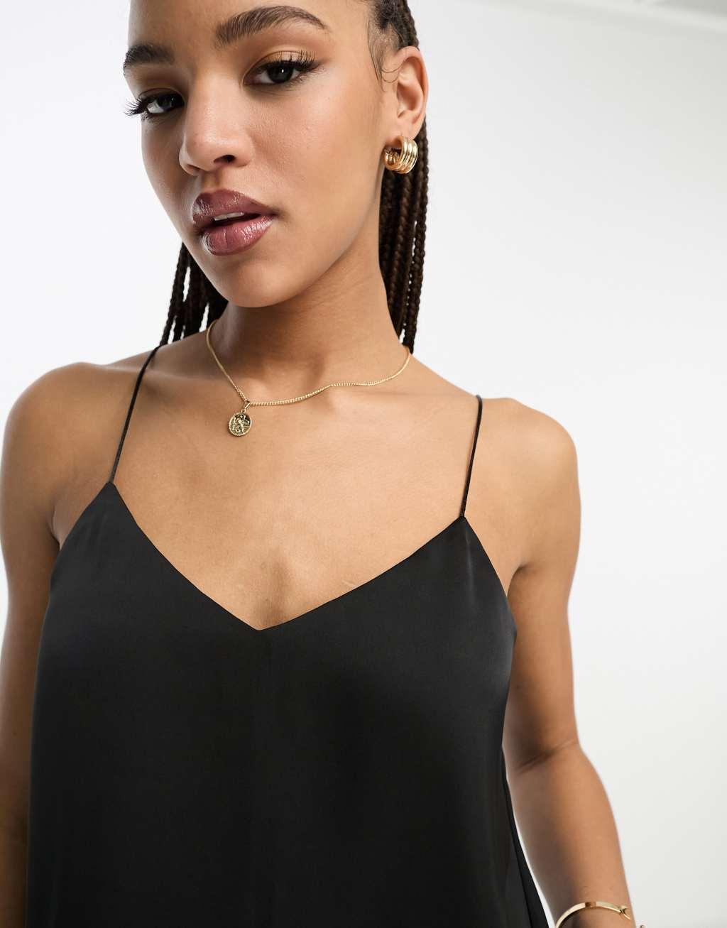 Stradivarius scoop neck satin cami in black Product Image