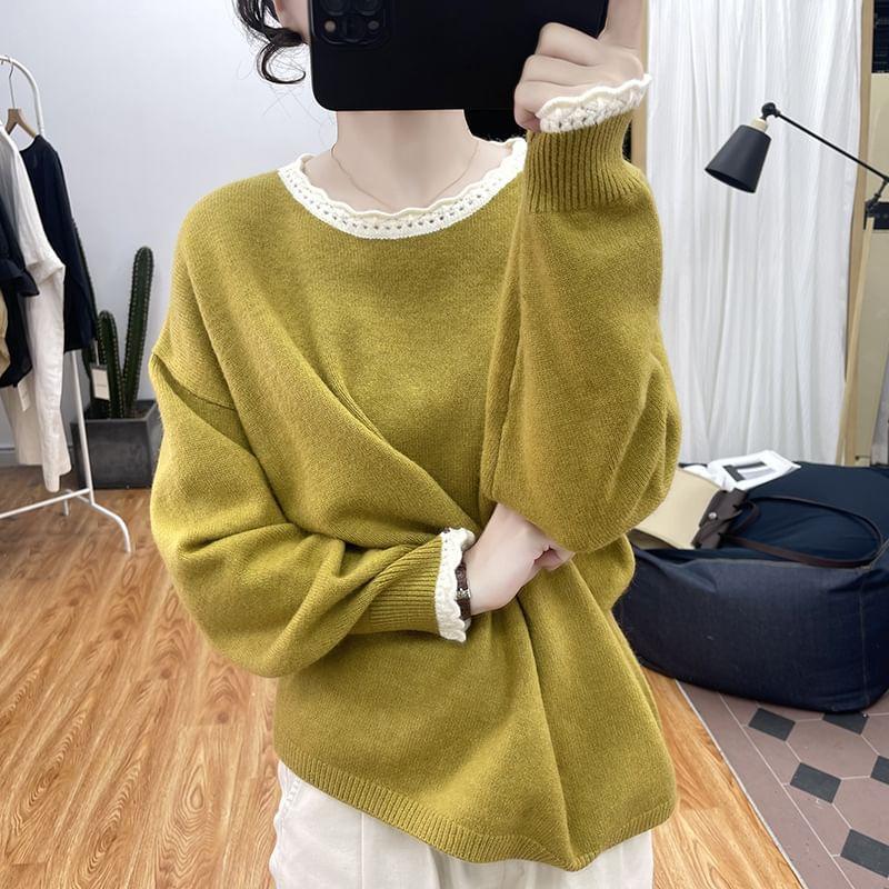 Long-Sleeve Crew Neck Contrast Trim Sweater product image