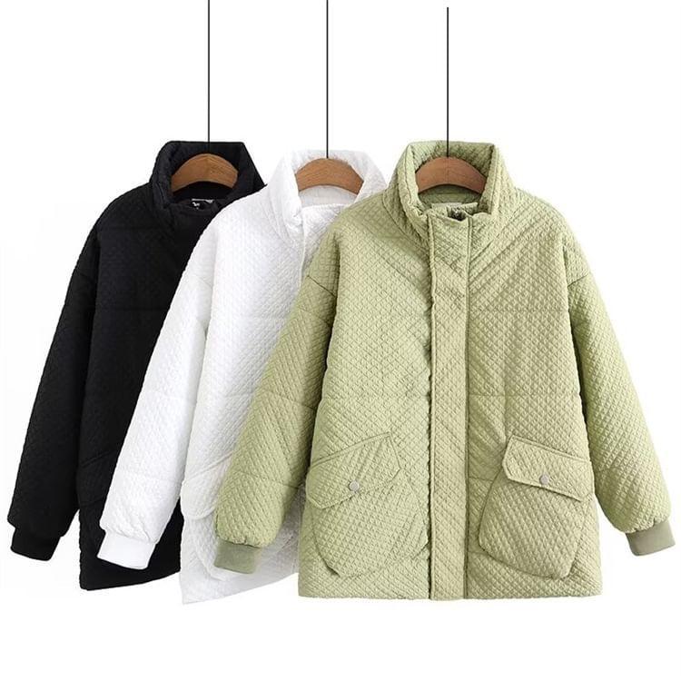 Plus Size Stand Collar Plain Padded Zip Jacket Product Image