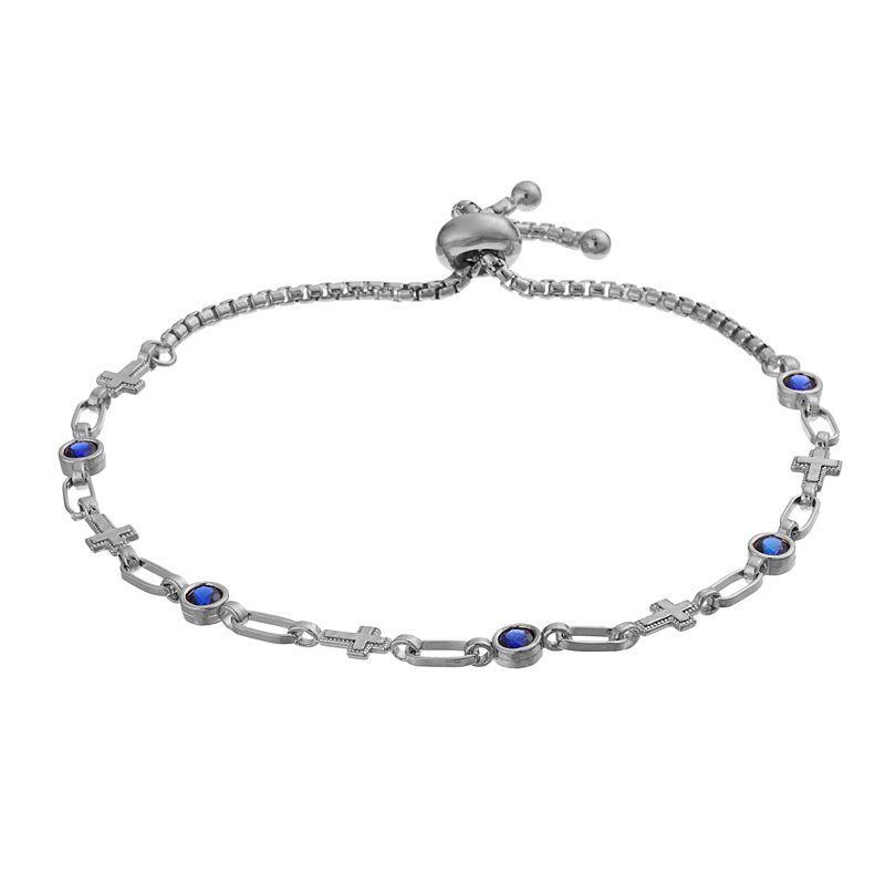 Kristen Kesho Sterling Silver Lab-Created Sapphire & Cross Link Adjustable Bolo Bracelet, Womens Product Image