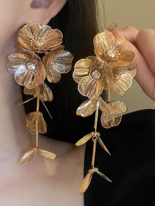 Flower Shape Geometric Rhine Stones Drop Earrings Product Image