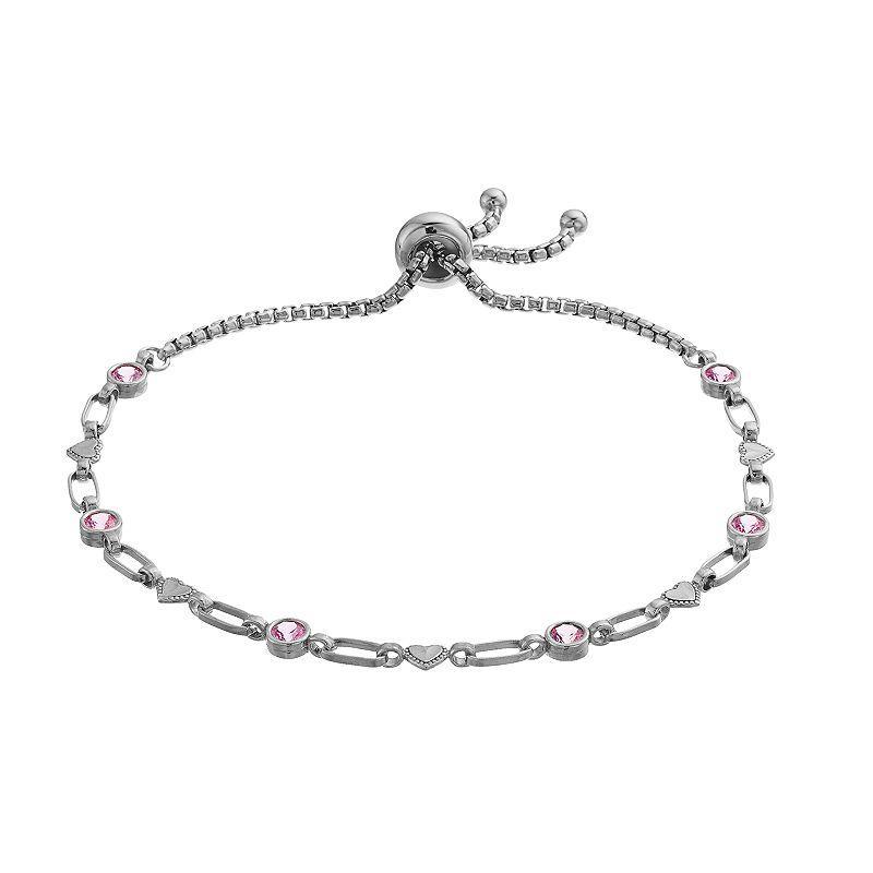 Kristen Kesho Sterling Silver Lab-Created Pink Sapphire & Heart Link Adjustable Bolo Bracelet, Womens Product Image