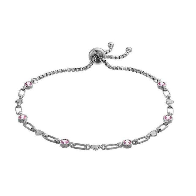 Kristen Kesho Sterling Silver Lab-Created Pink Sapphire & Heart Link Adjustable Bolo Bracelet, Womens Grey Product Image