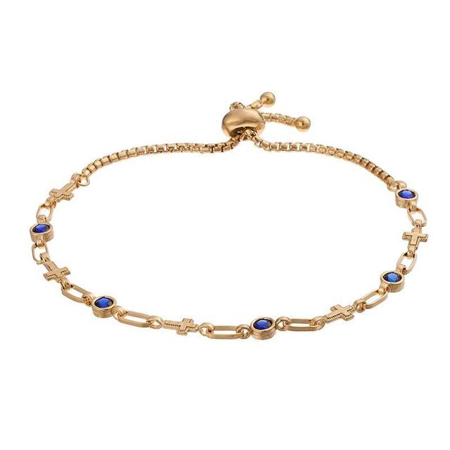 Kristen Kesho Sterling Silver Lab-Created Sapphire & Cross Link Adjustable Bolo Bracelet, Womens Gold Tone Product Image