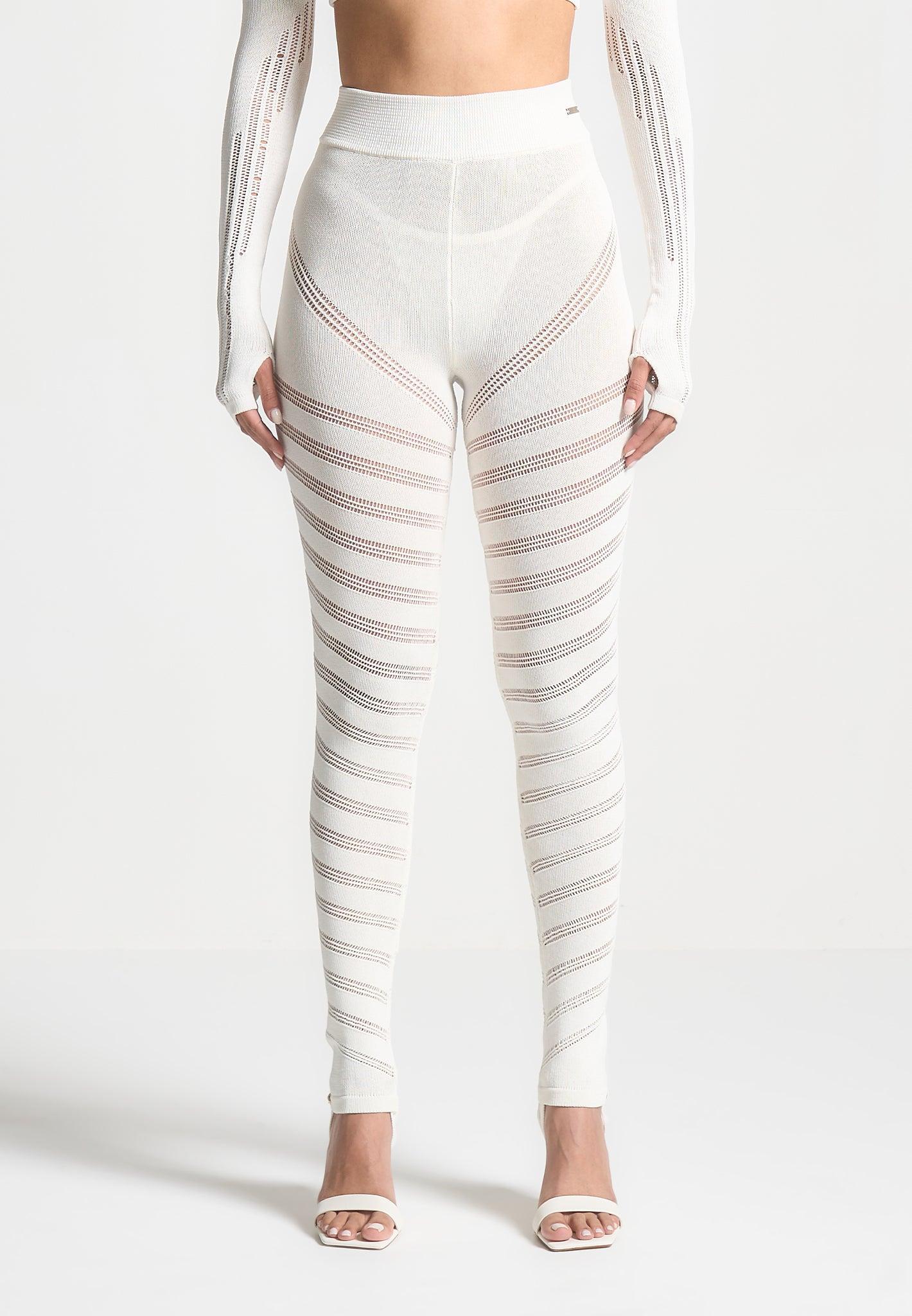 High Waisted Knitted Spiral Contour Leggings - White Female Product Image