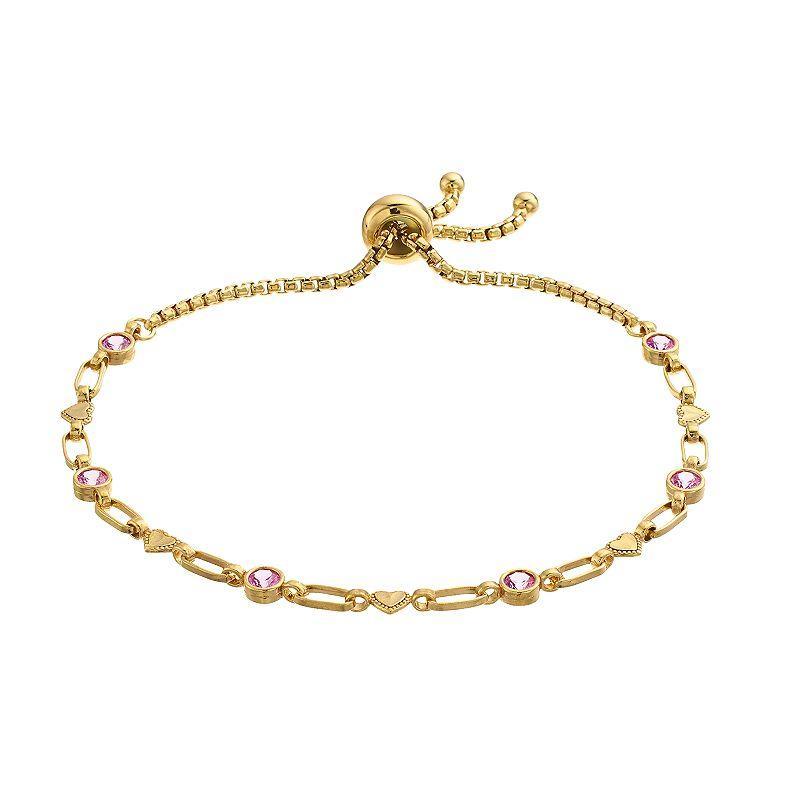 Kristen Kesho Sterling Silver Lab-Created Pink Sapphire & Heart Link Adjustable Bolo Bracelet, Womens Yellow Product Image