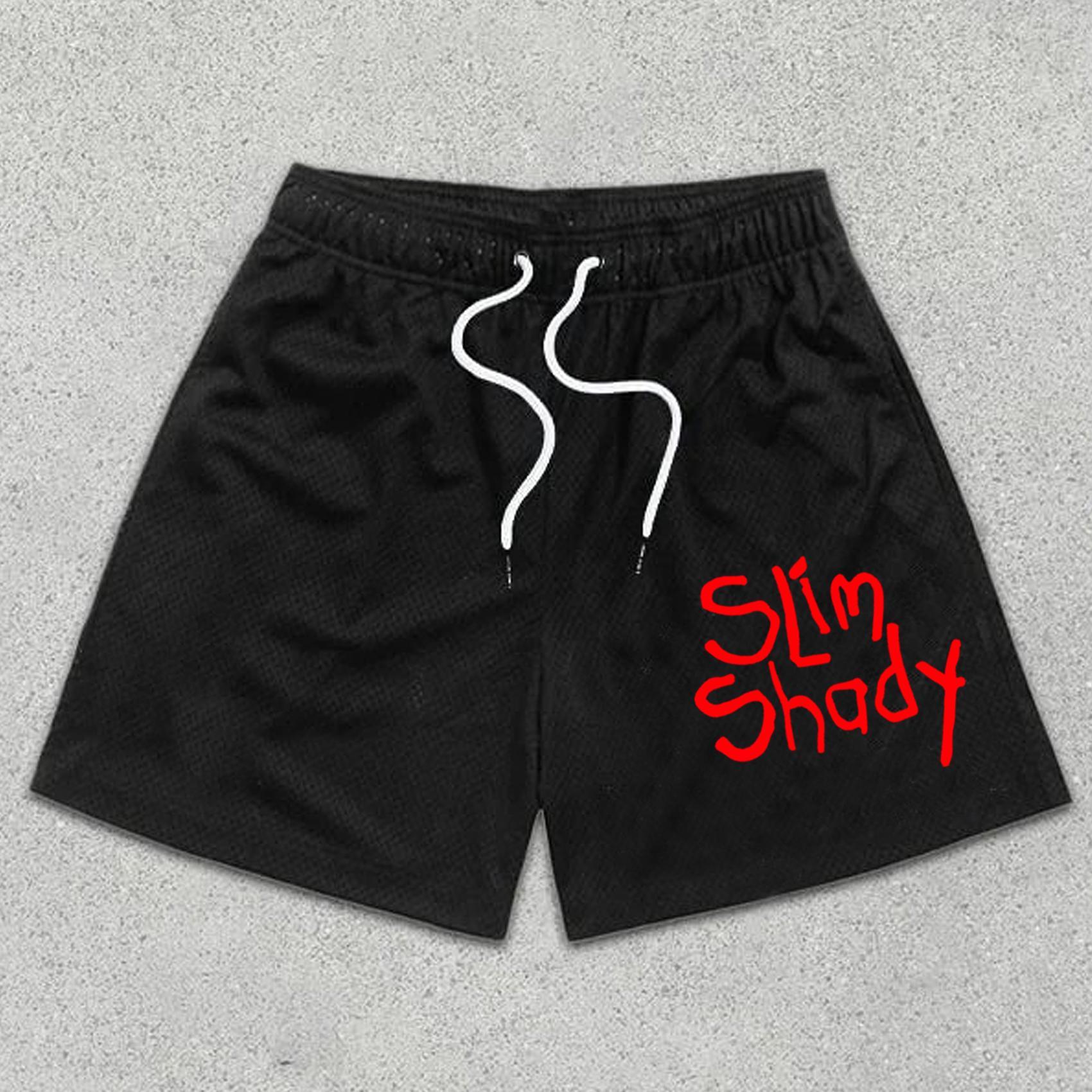 Casual Drawstring Slim Shady Graphic Mesh Shorts Product Image