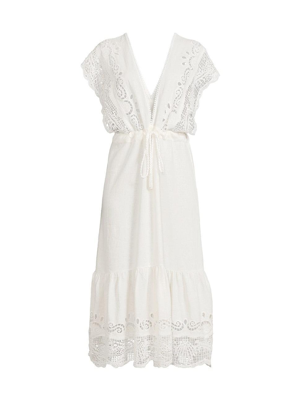 Off-White Embroidered Guipure Euroflax Premium Linen Midi Dress, OFF-WHITE / S Product Image