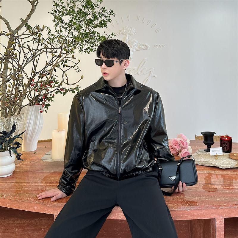 Plain Faux Leather Zip Jacket Product Image