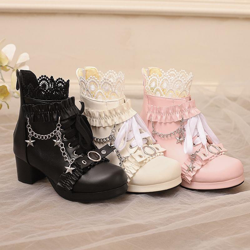 Chunky Heel Ruffled Lace-Up Short Boots Product Image