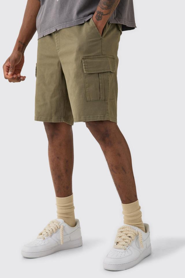 Tall Elasticated Waist Khaki Slim Fit Cargo Shorts | boohooMAN USA Product Image