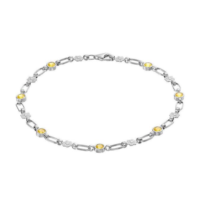 Kristen Kesho Sterling Silver Lab-Created Yellow Sapphire Flower Link Bracelet, Womens Grey Product Image