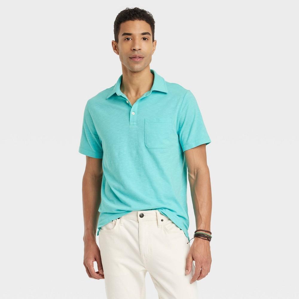 Mens Regular Fit Short Sleeve Slub Jersey Polo Shirt - Goodfellow & Co Teal Blue L Product Image