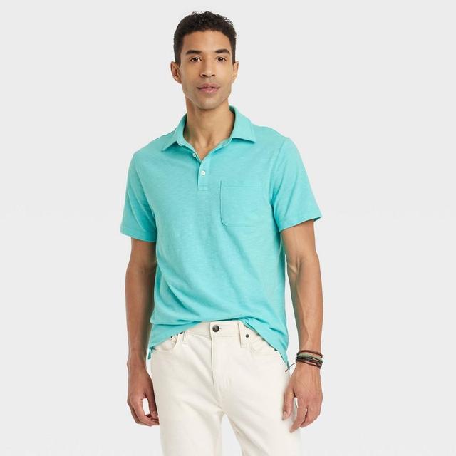 Mens Regular Fit Short Sleeve Polo Shirt - Goodfellow & Co Teal Blue M Product Image