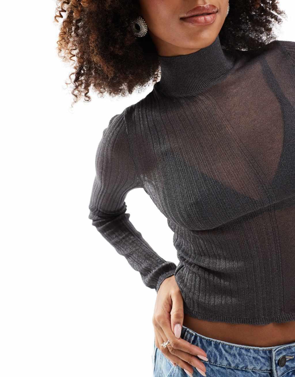 ASOS DESIGN knitted sheer roll neck layering top in charcoal Product Image