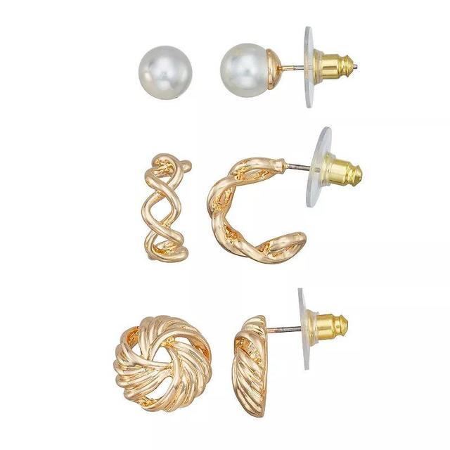 Napier Gold Tone Stud and Hoop Trio Earrings 3-Piece Set, Womens Product Image