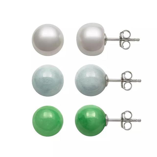 Sterling Silver Jade, Aquamarine & Freshwater Cultured Pearl Ball Stud Earring Set, Womens, Multicolor Product Image