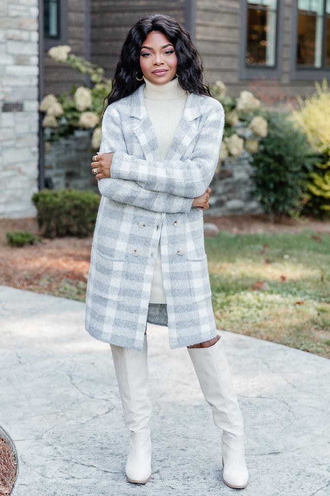 Time Rolls By Grey Plaid Cardigan Coat Product Image