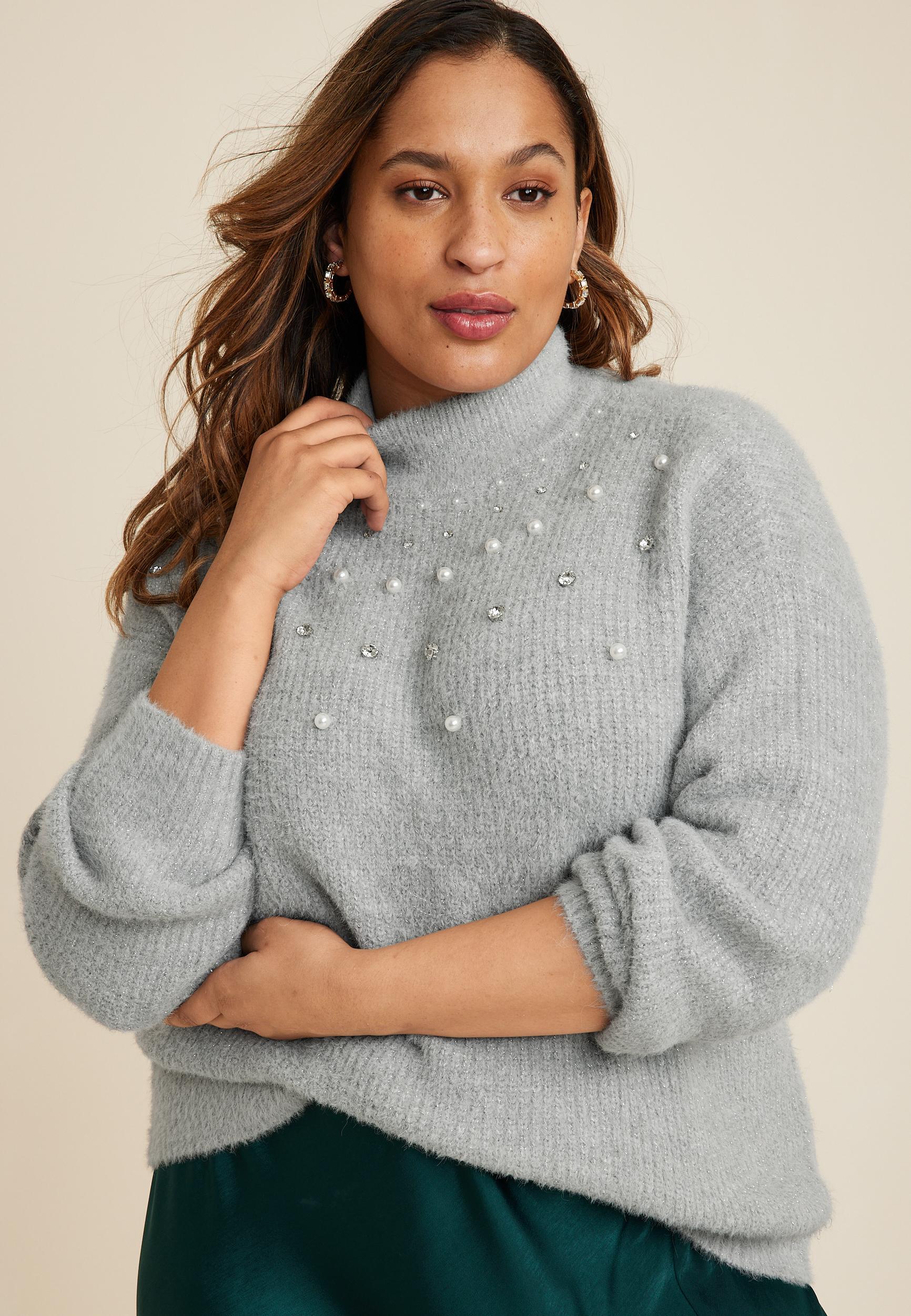 Maurices Plus Size Womens Faux Pearl Embellished Mock Neck Sweater Gray Size 0X product image