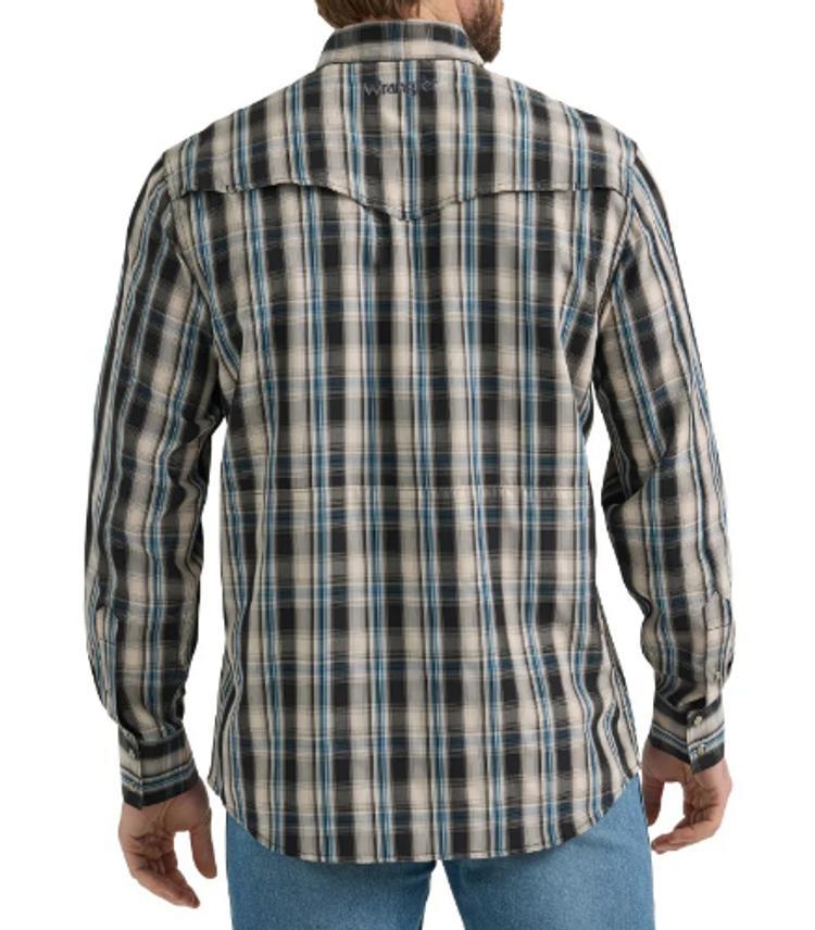 Wrangler® Men's L/S Tan/Black/Blue Plaid Performance Snap Shirt Product Image