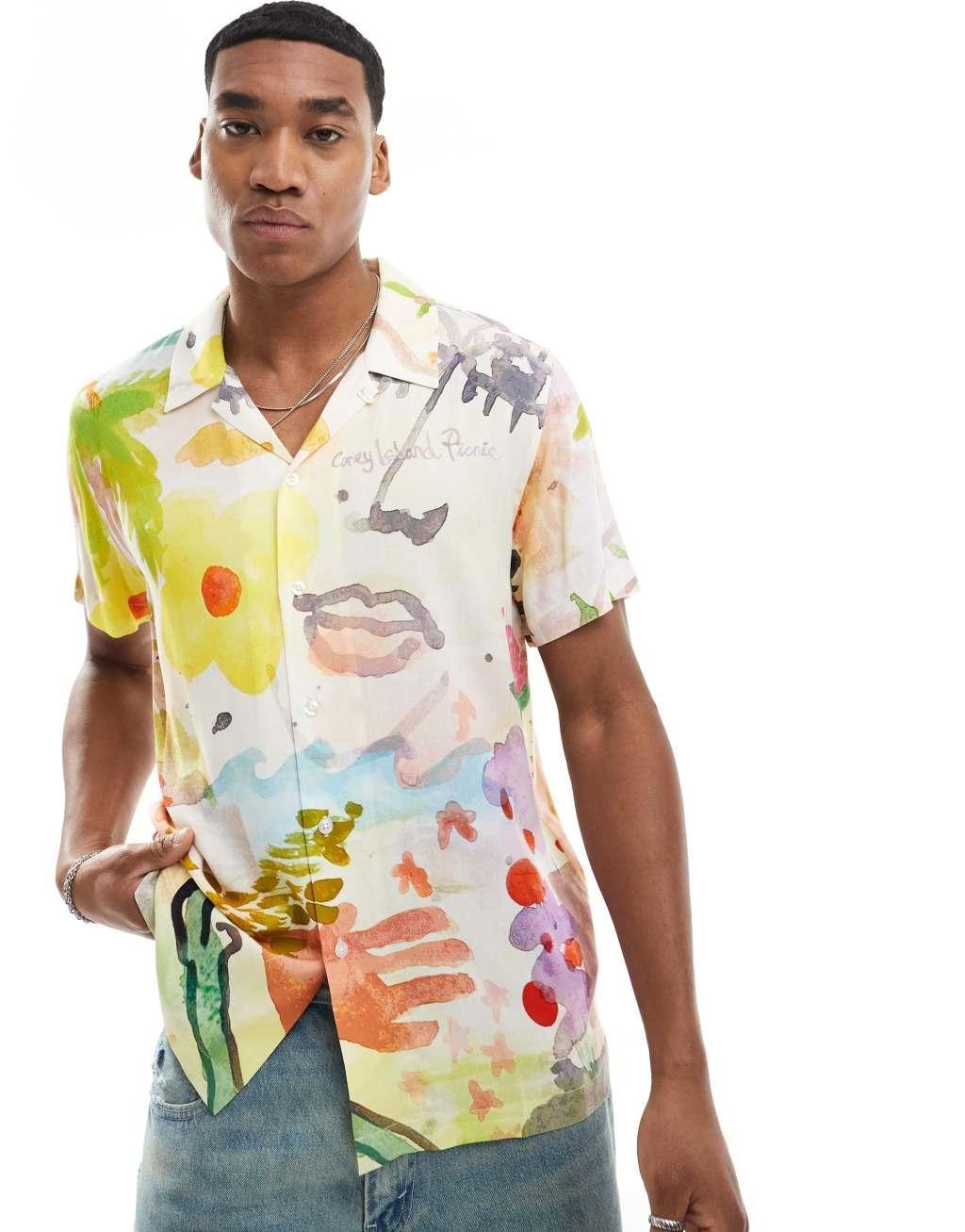 Coney Island Picnic watercolor print camp collar shirt in multi Product Image