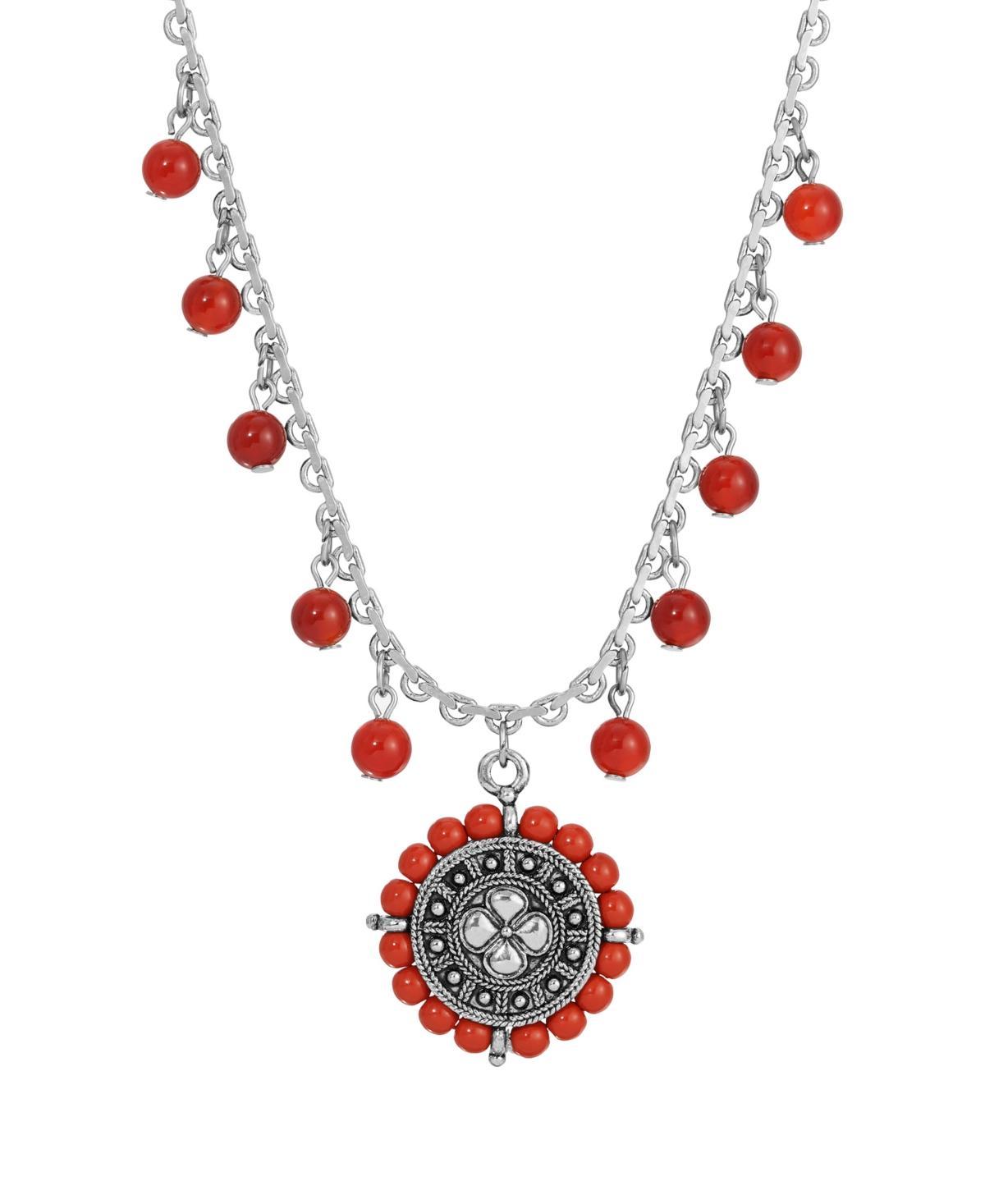 1928 Silver Tone Round Disc with Red Semi Beads Necklace, Womens Product Image