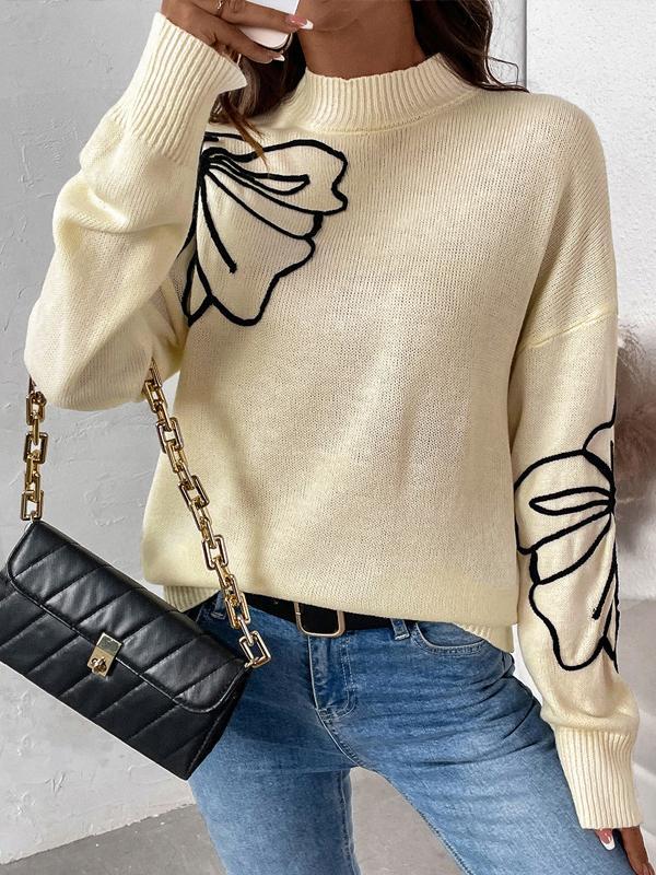 Long Sleeves Loose Flower Shape Split-Joint High Neck Sweater Tops Product Image